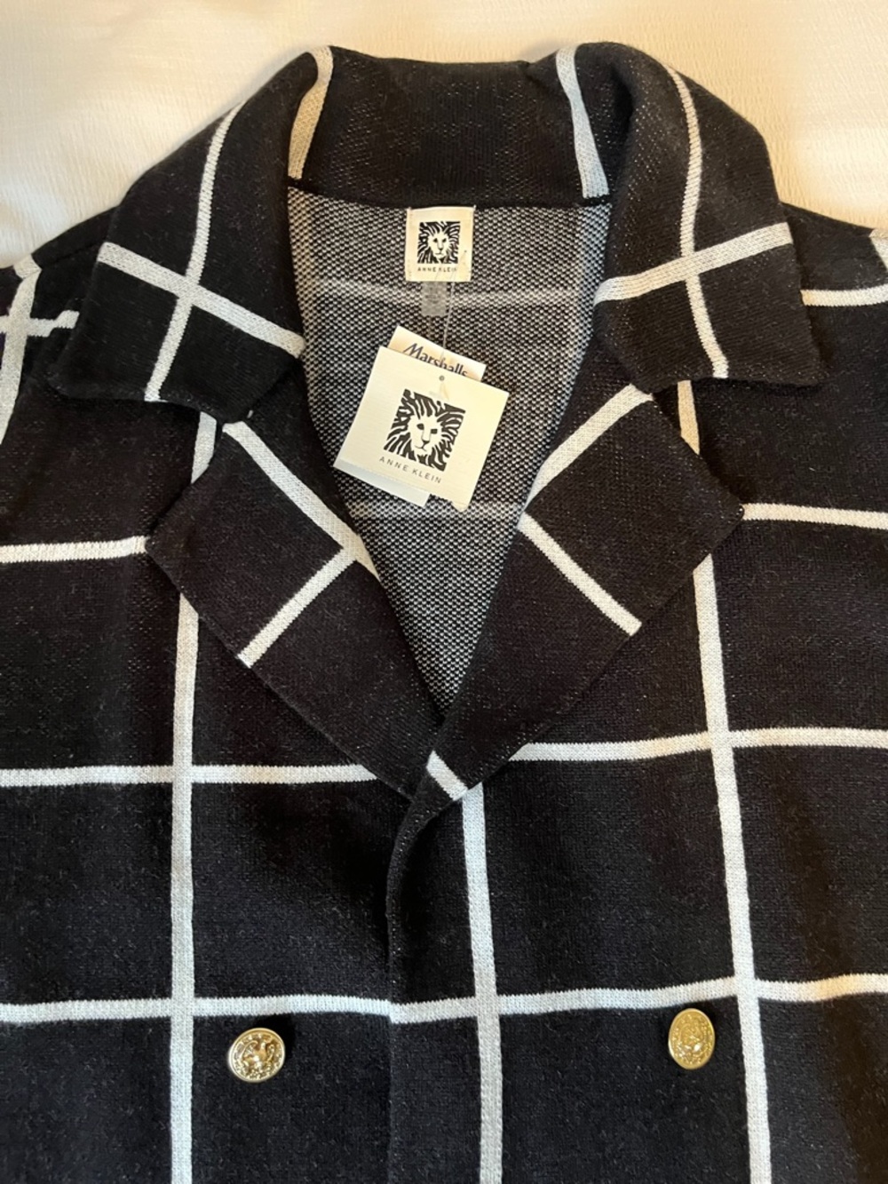 Anne Klein Black & White Windowpane Double-Breasted Blazer Coat